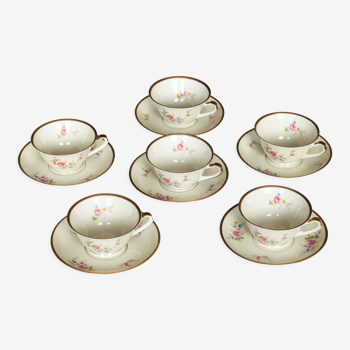 Ensemble de 6 tasses et sous-tasses anciennes en porcelaine