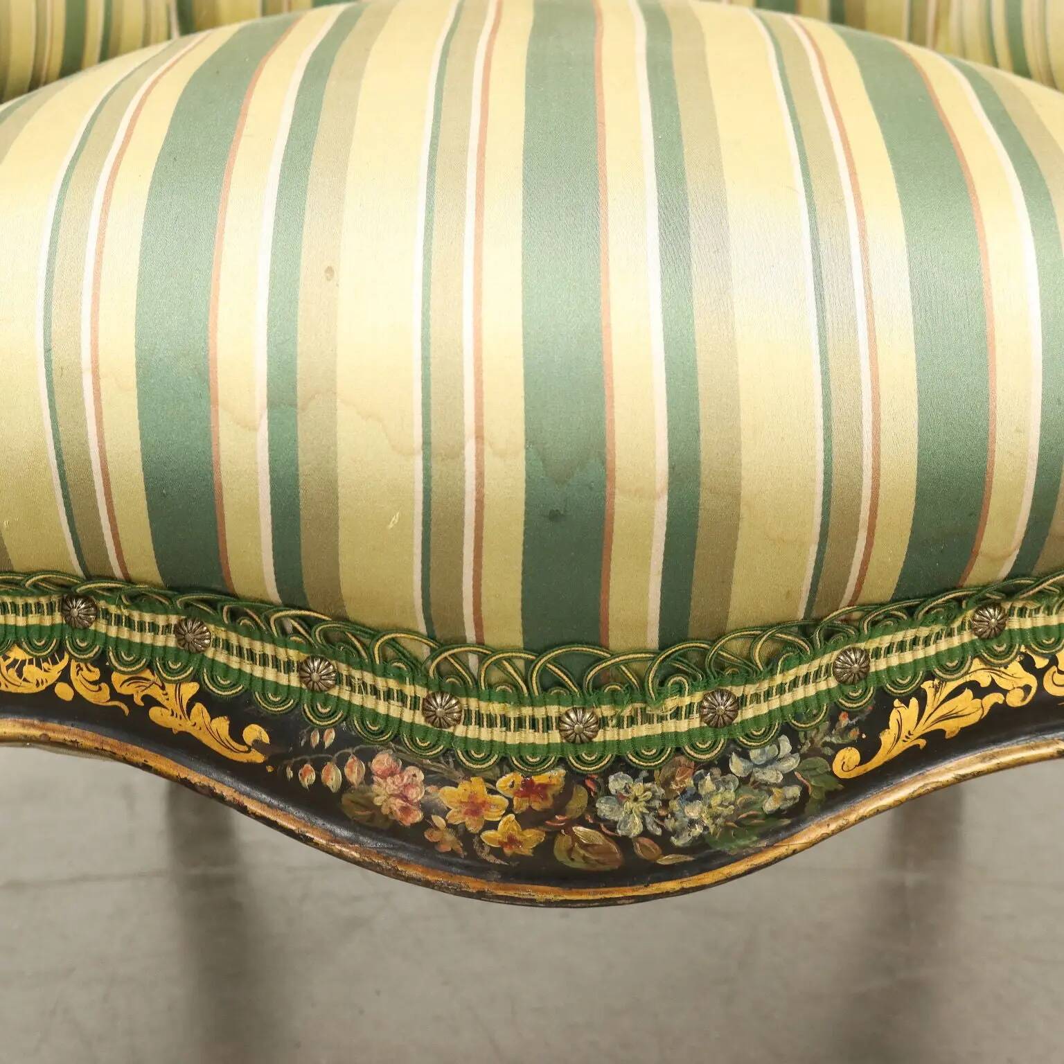 Antique upholstered and lacquered wooden armchair, Italy, late 19th century.