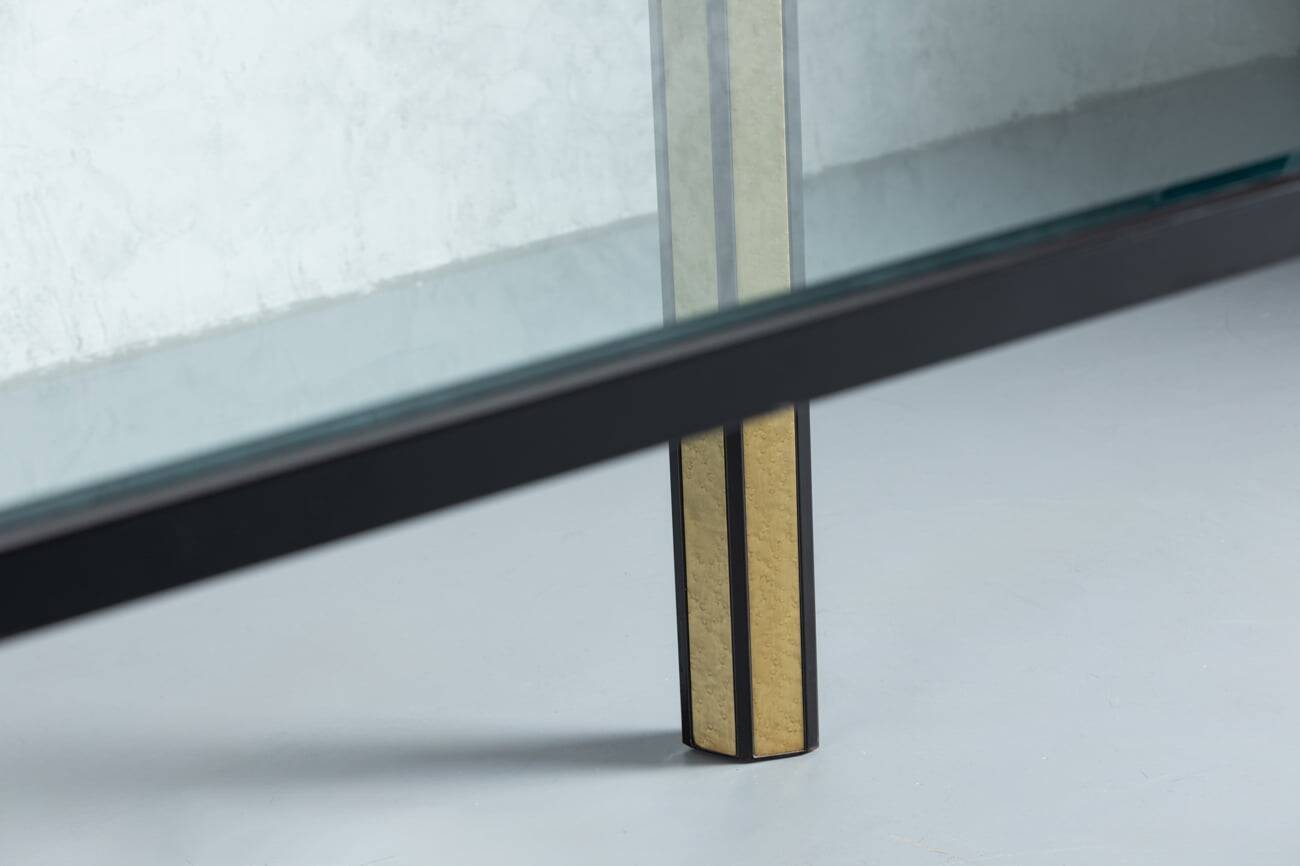 Vintage Saporiti style crystal top and black frame dining table, Italy, 1970s