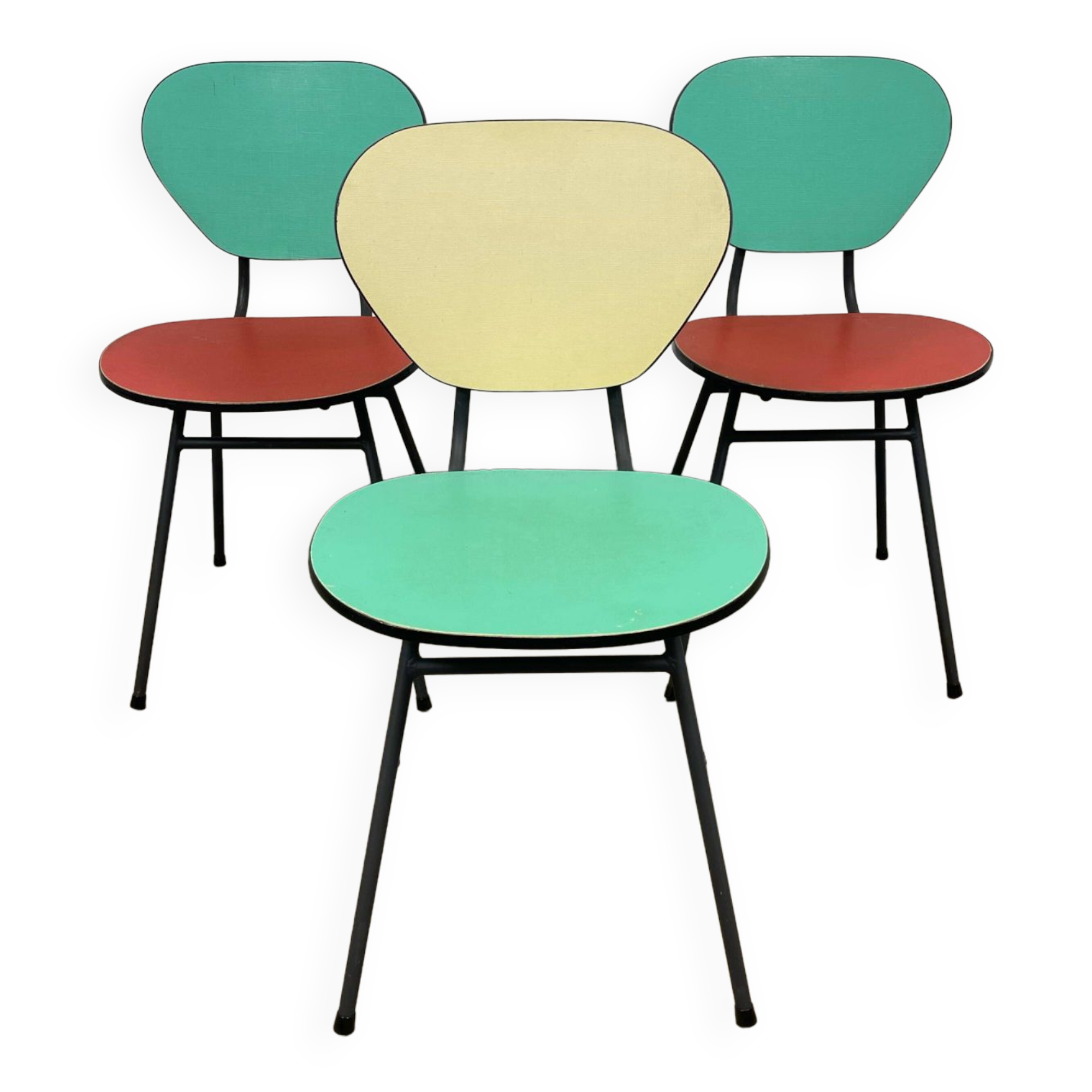 Set of 3 two-tone formica chairs from the 50s
