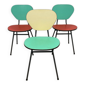 Set of 3 two-tone formica chairs from the 50s