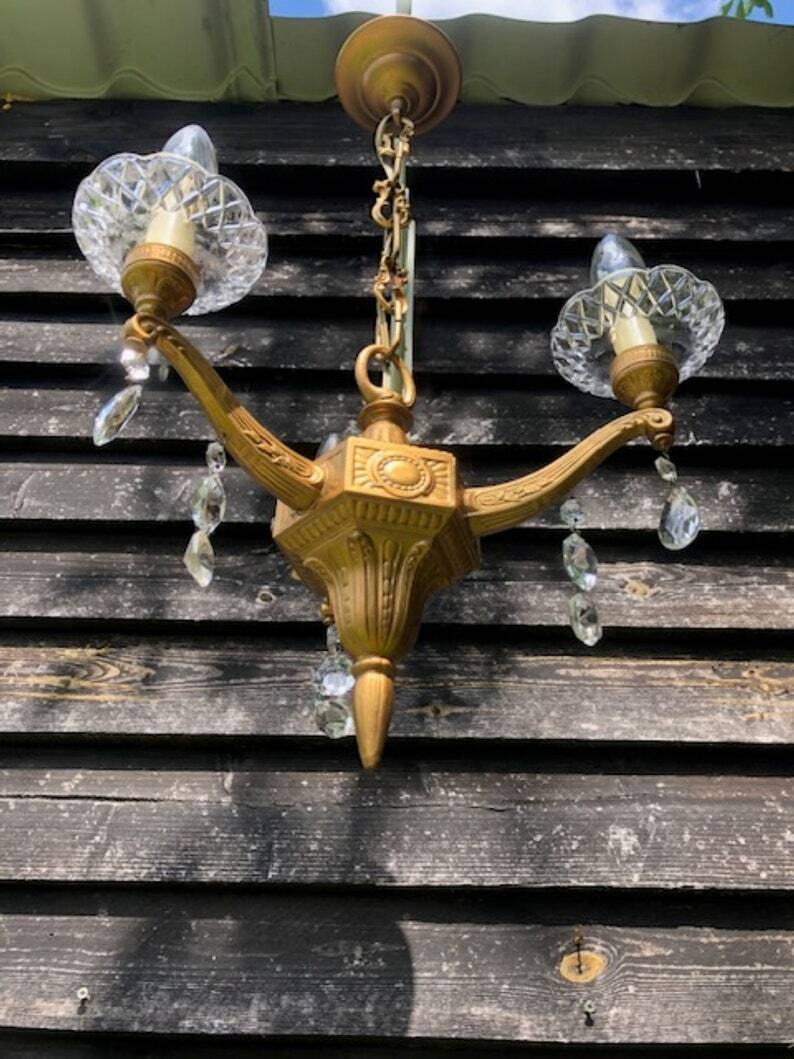 Gilt French Chandelier: Neo Classical 3-Branch Crystal Pendant Light