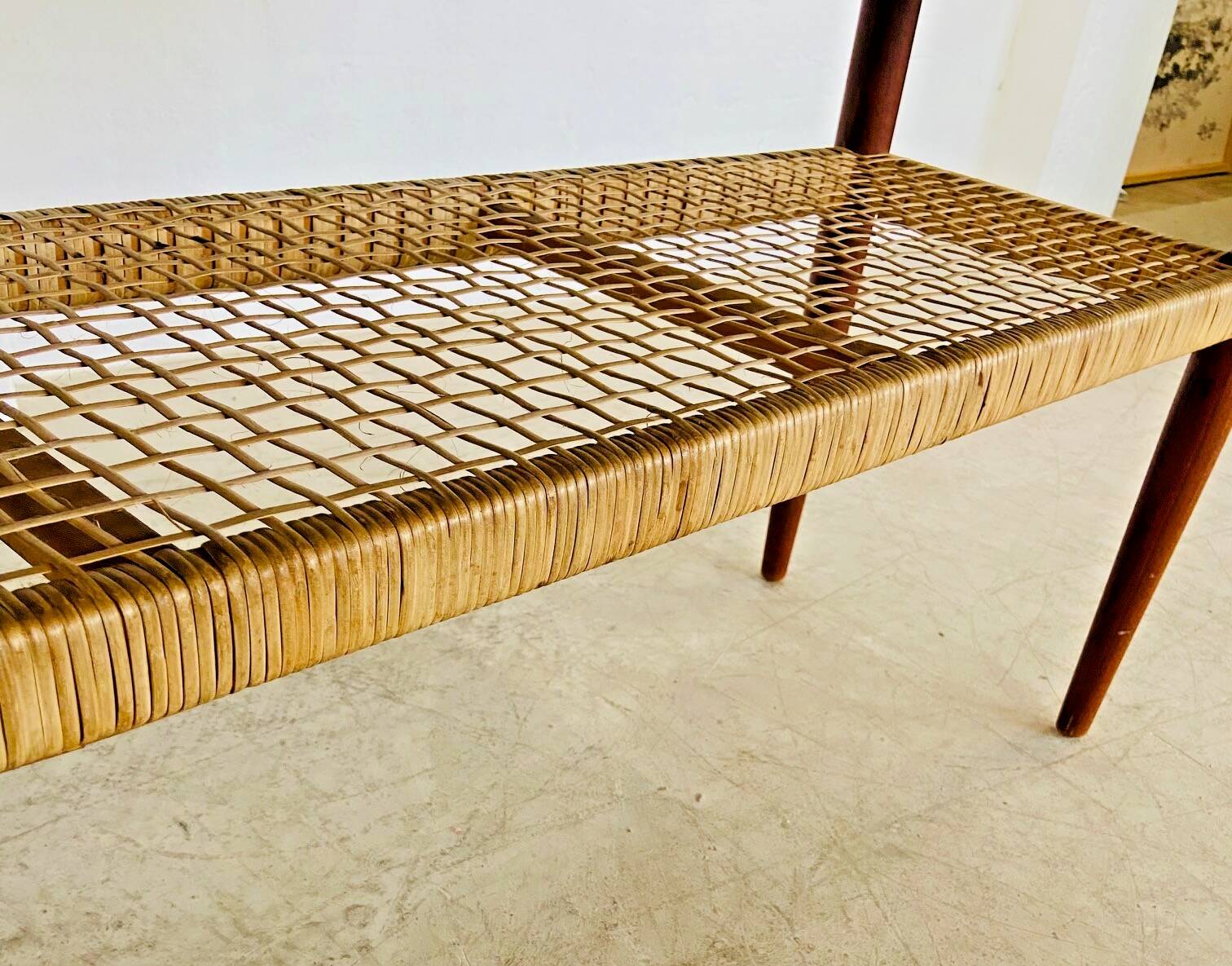Vintage Danish mid-century teak and rattan coffee table 1960s