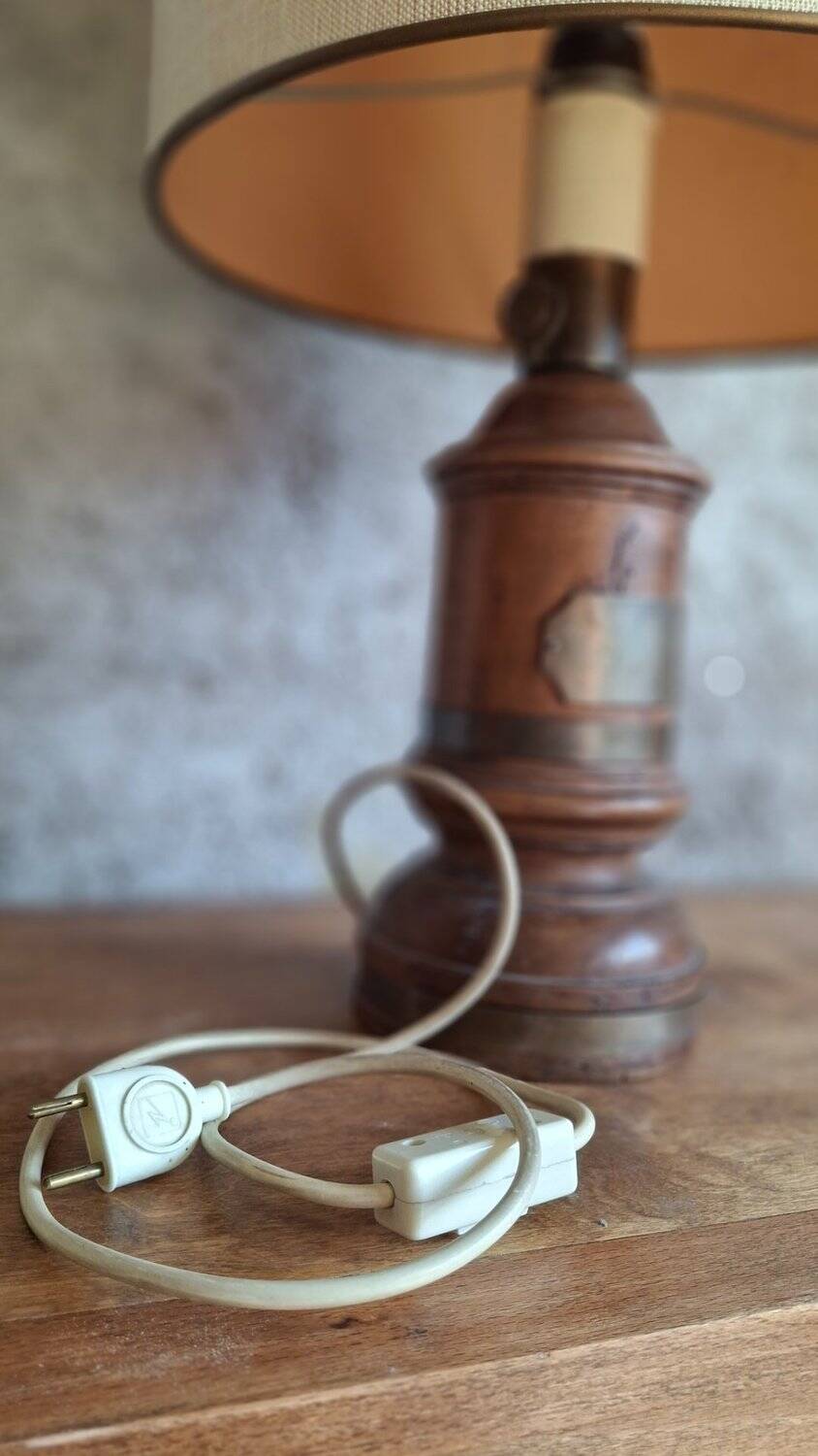 Antique turned wood lamp with engraved brass, Royal Adelaide.
