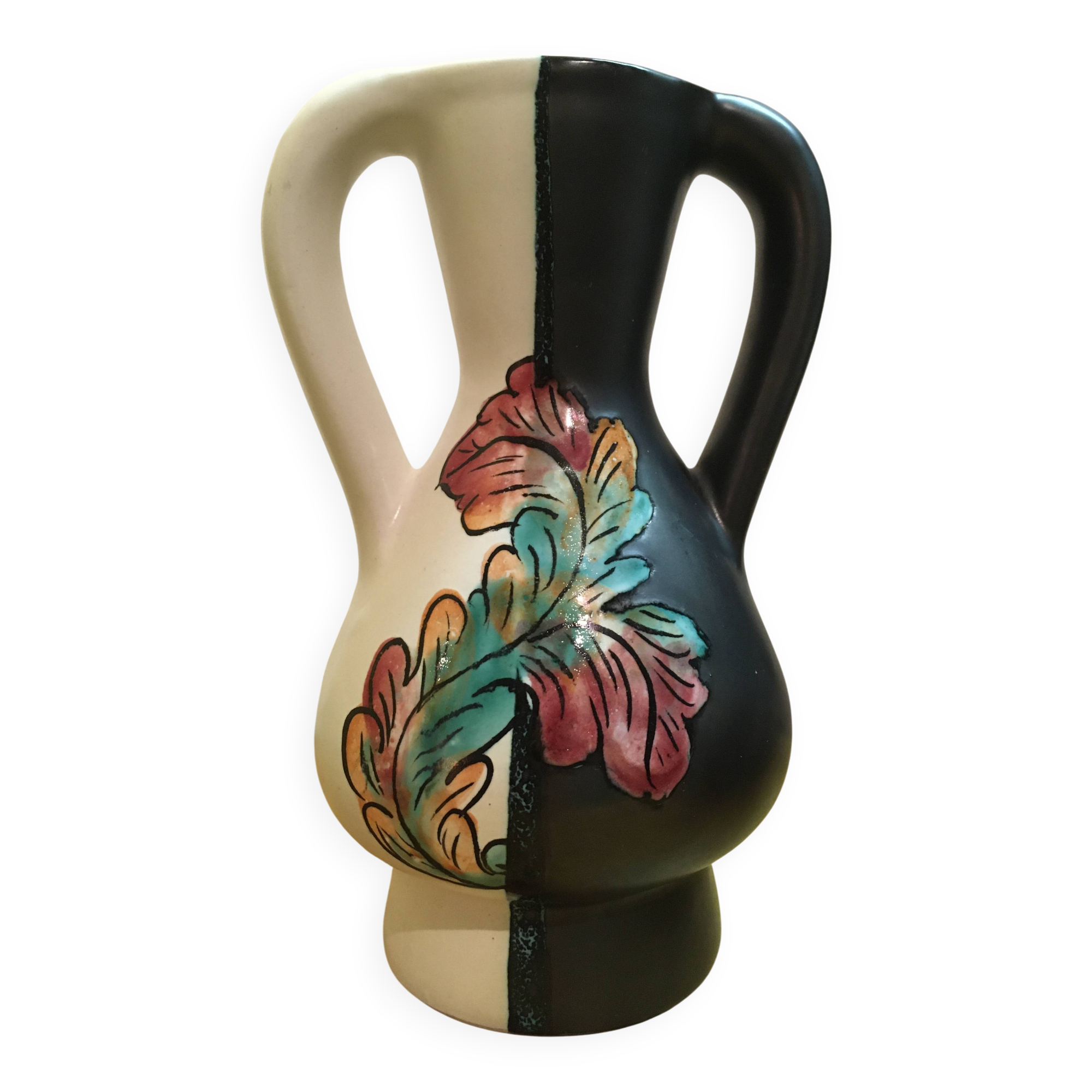 Black and white Vallauris vase, H. Caillet flower, vintage graphic 1960 1970