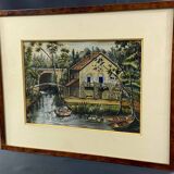 Gouache painting early 20th century Landscape at the mill and boat trip on the Marne