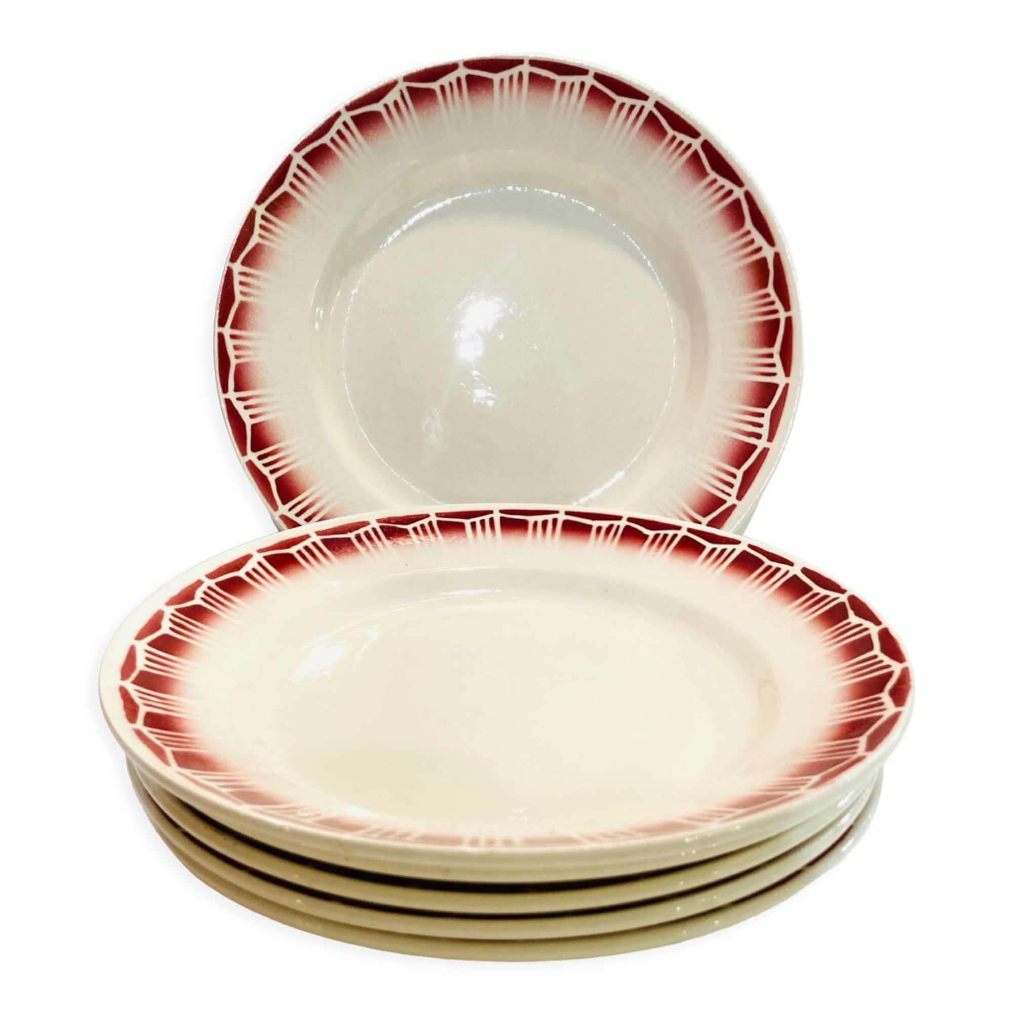 5 earthenware plates burgundy décor, kitchen