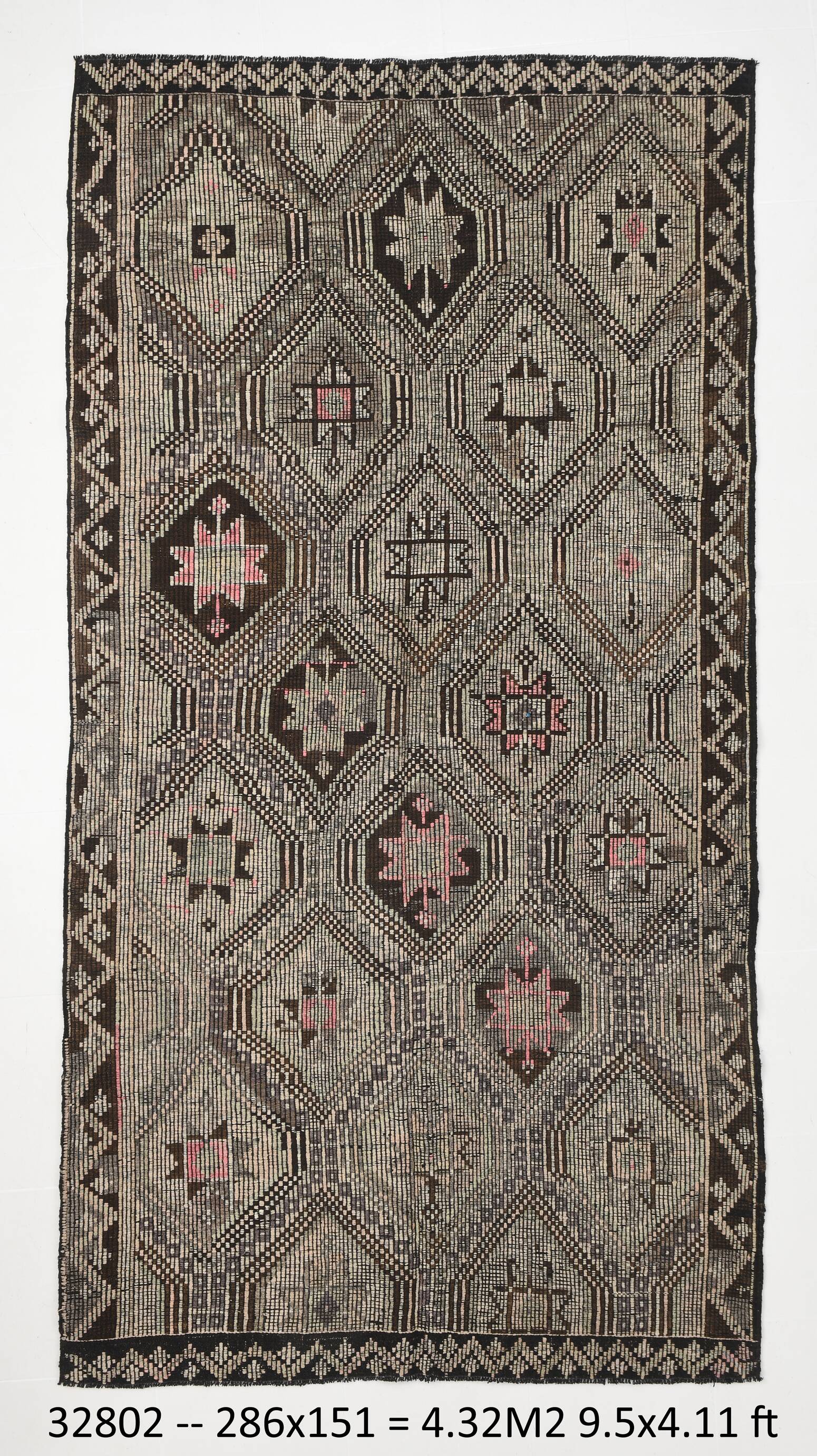 5x9 Cream Brown Handmade Kilim Rug, 151x286Cm