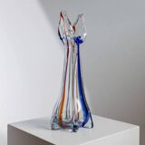 Grand vase en verre de Murano vintage, verre clair avec des détails bleus et rouges, années 1970 Italie – Soufflé à la main, base en trépied