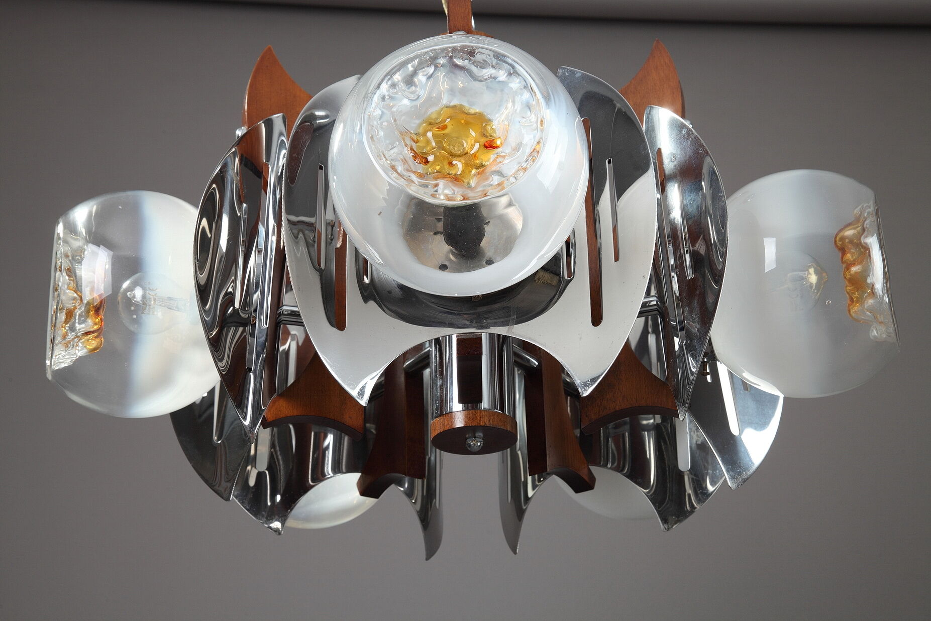Mazzega chandelier in murano glass, chrome and wood, 1970's