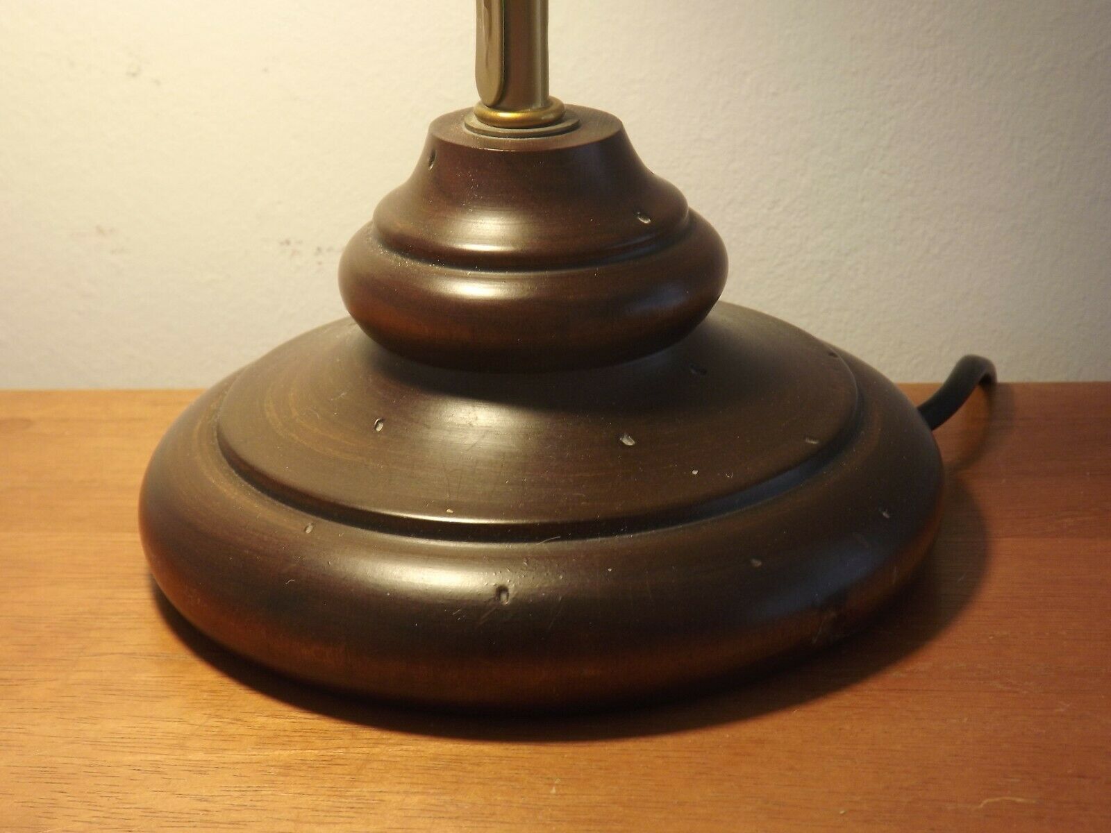 French vintage gold coloured metal & wood table lamp decorative glass shade