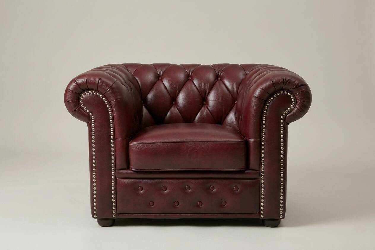 Vintage Chesterfield armchair in burgundy leather - teak frame, 1960s