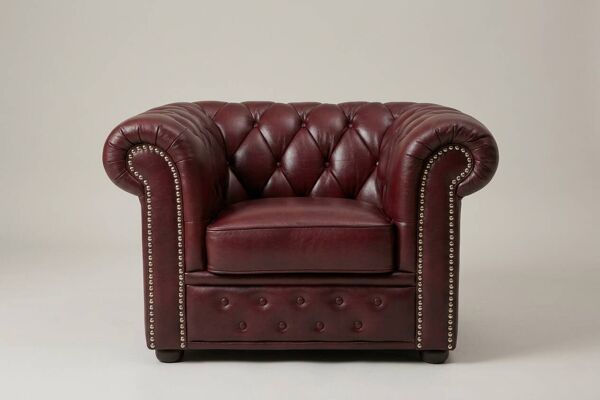 Fauteuil Chesterfield vintage en cuir bourgogne - structure en teck, années 60