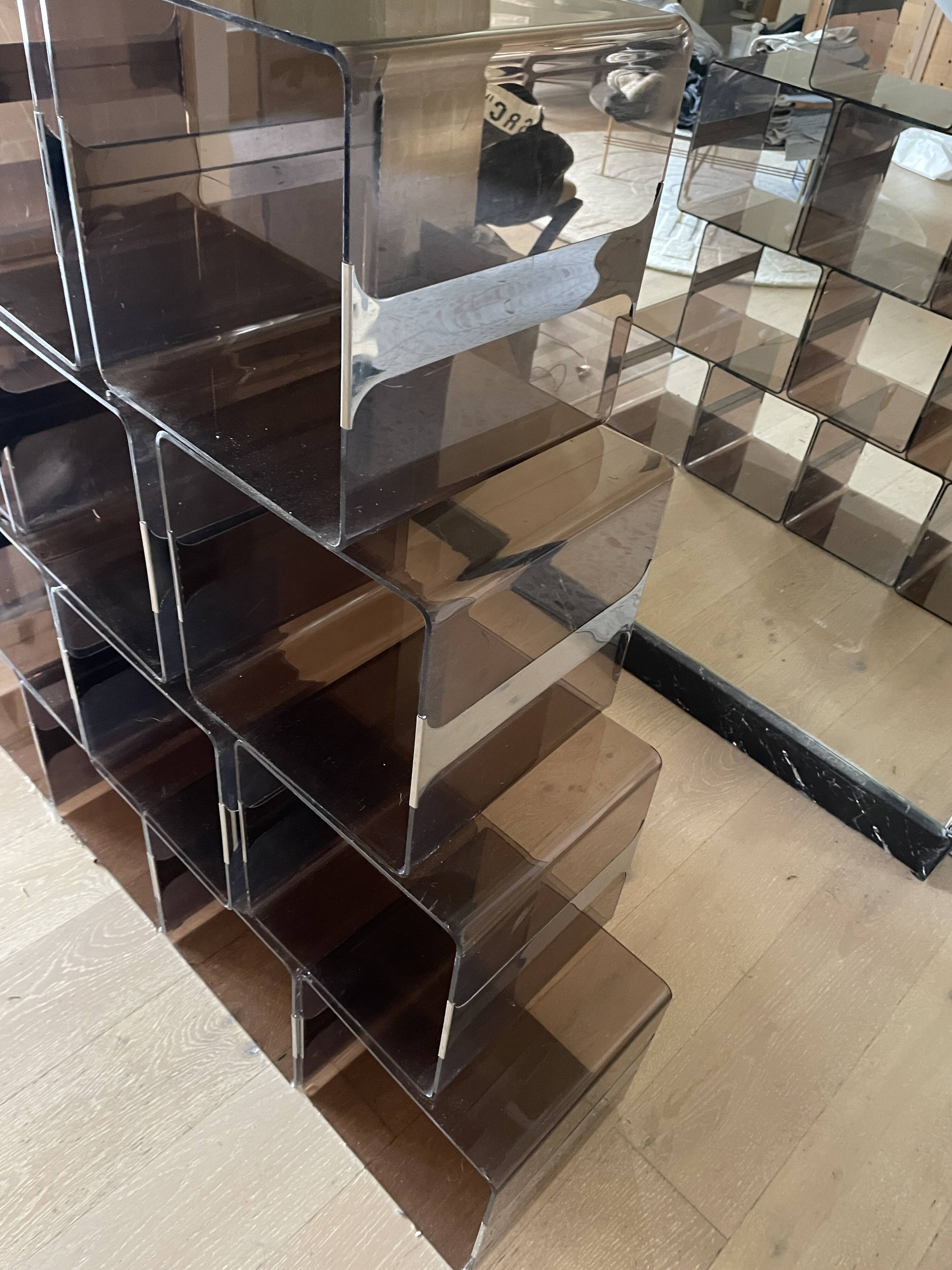 Set of 12 smoked plexi lockers and chrome insert by Michel DUMAS, 1970s