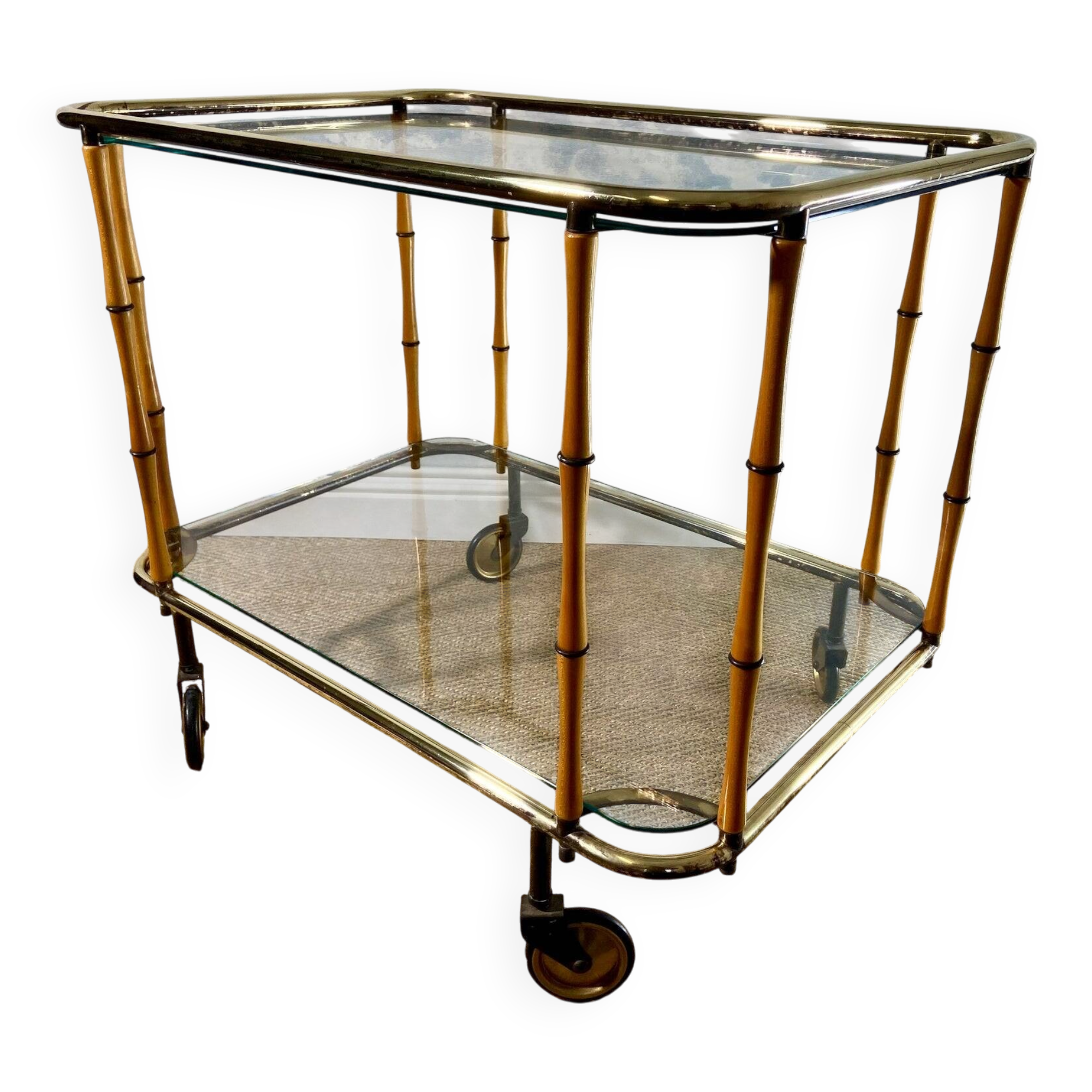 Chariot de bar à cocktails en bambou attribué à Maison Jansen, vintage années 60 boho midcentury