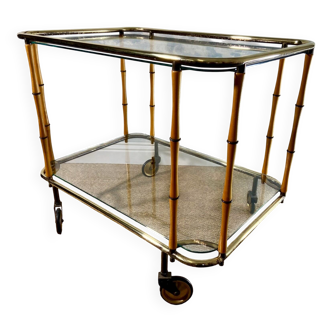 Bamboo cocktail bar cart attributed to Maison Jansen, vintage 1960s boho mid-century.