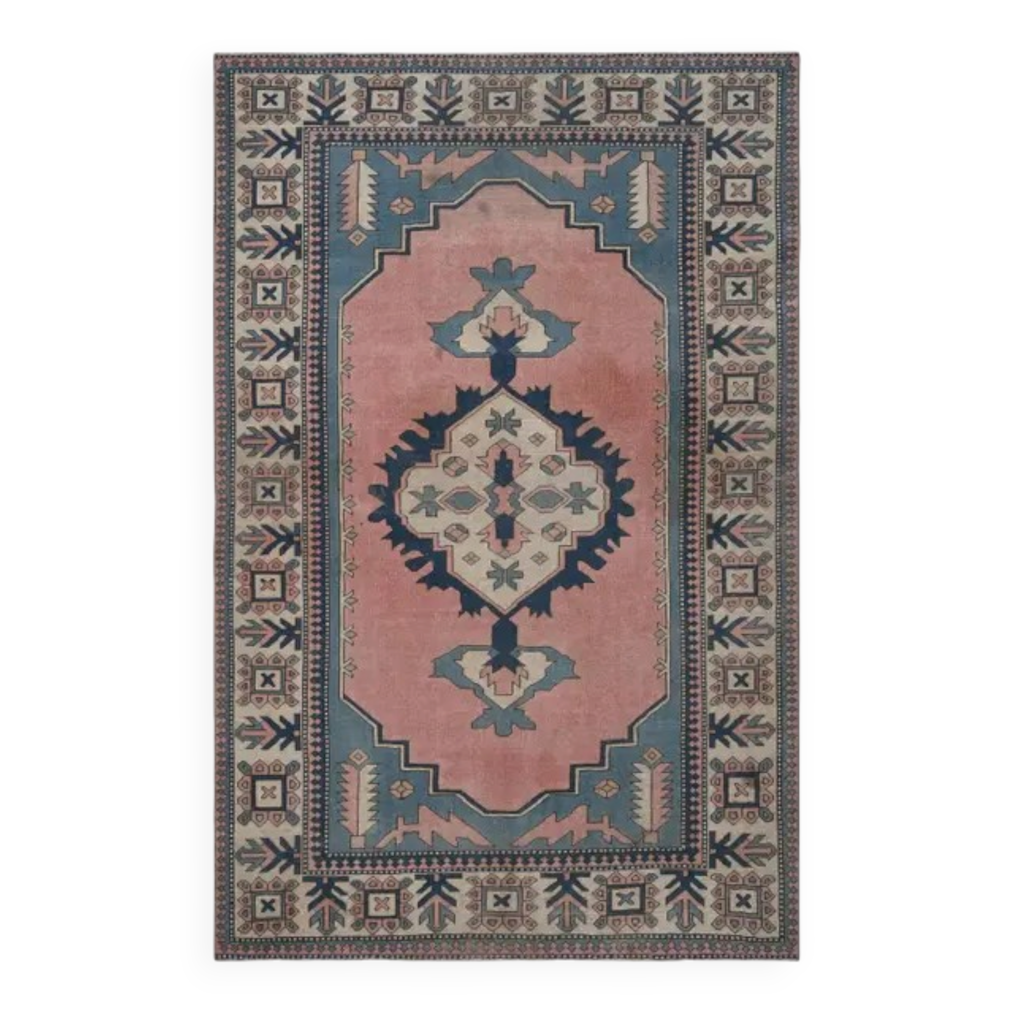 1970s Turkish Oushak Handmade Wool Cotton Pink Blue Area Rug 196x286
