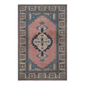 Tapis de zone turc Oushak fait main en laine et coton des années 1970, 196x286 cm, rose et bleu.