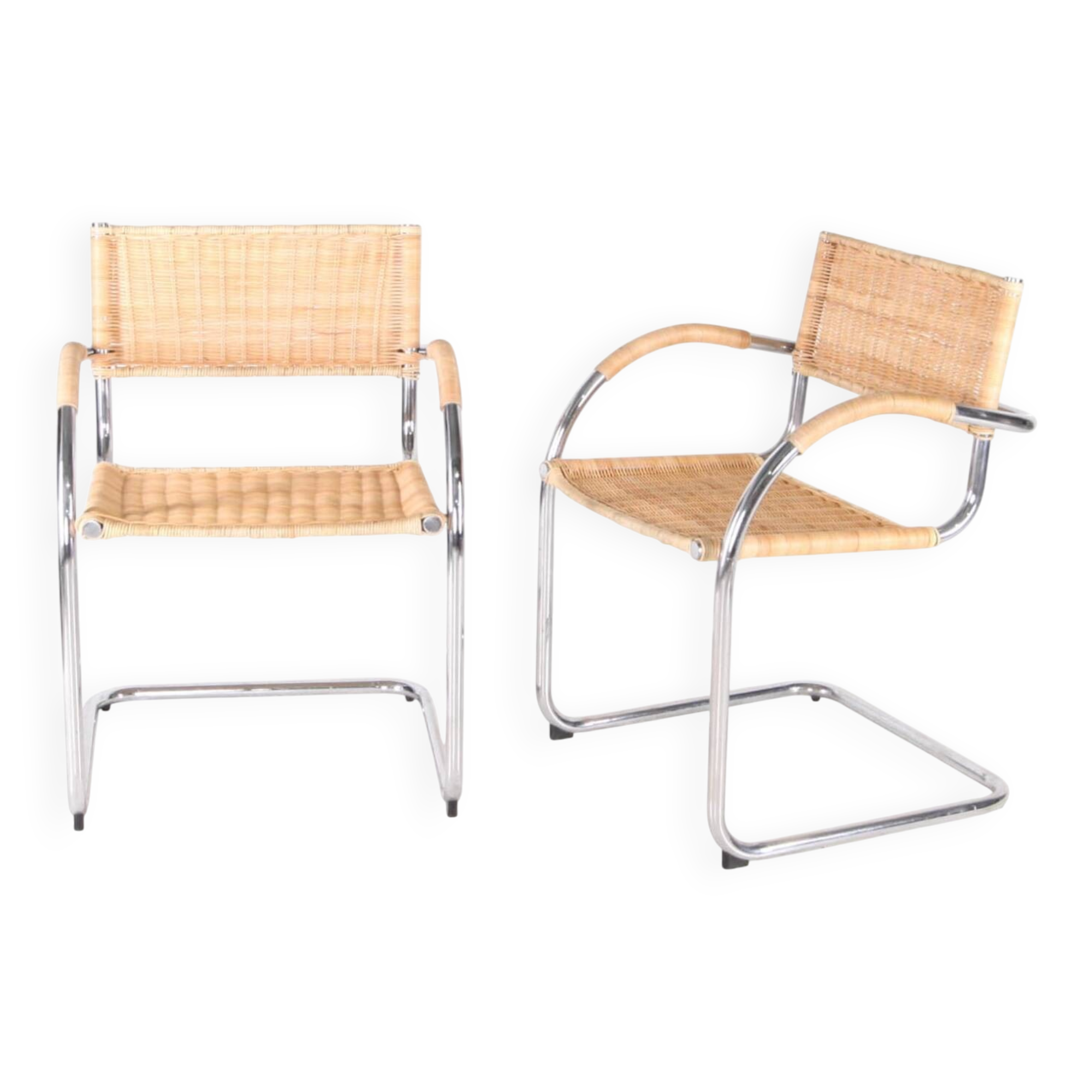 Pair of wicker and metal armchairs