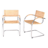 Pair of wicker and metal armchairs