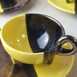 Set of 5 cups + saucers, two-tone ceramic, Luc Lucchesi, by Vall
