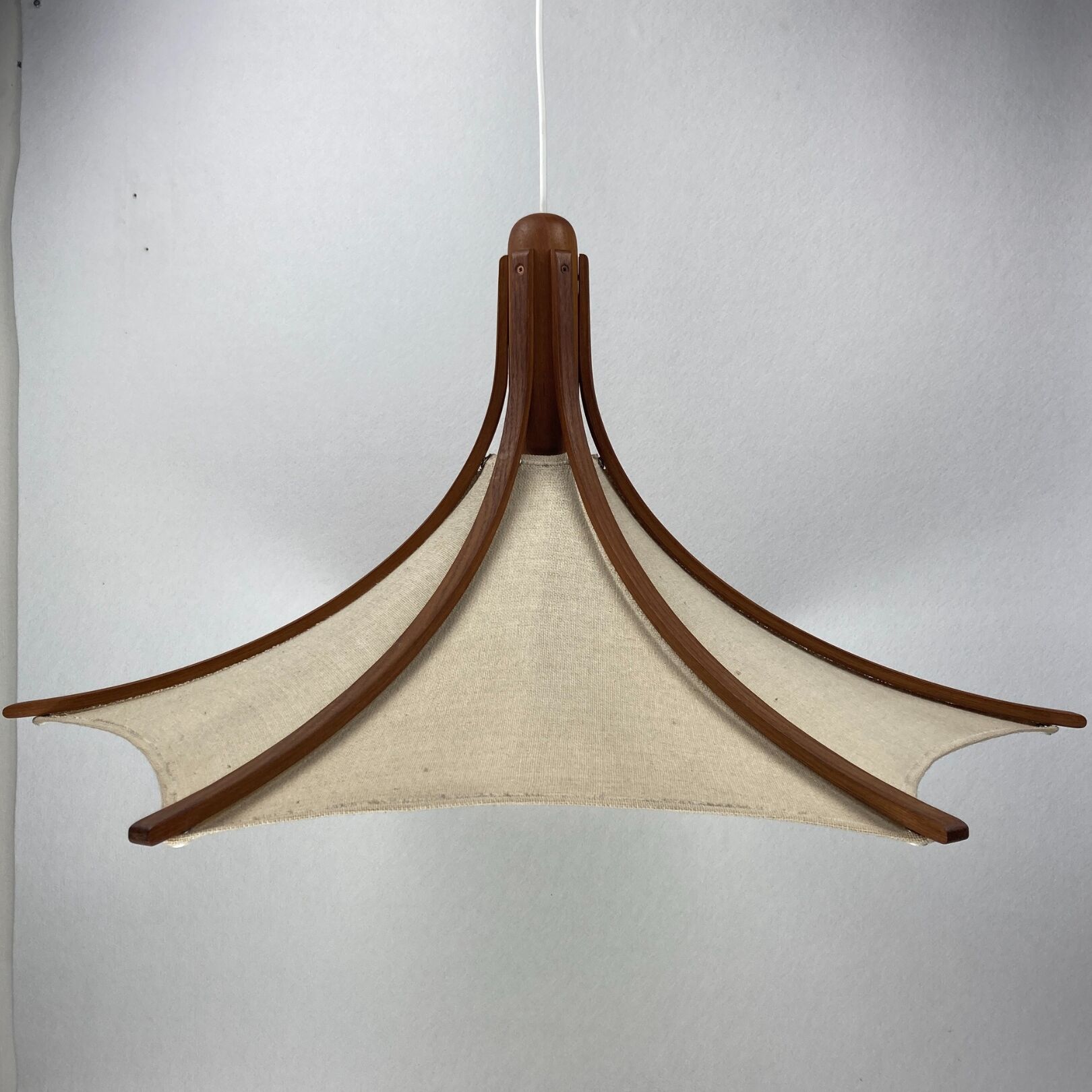 Teak and linen umbrella pendant by Domus, 1970s