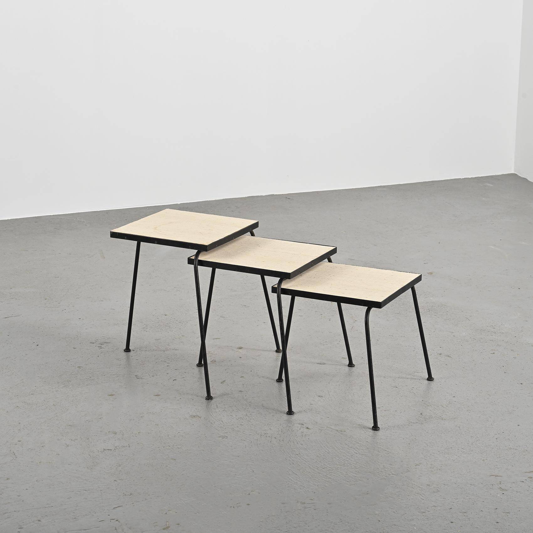 Set of 3 nesting tables in black lacquered metal, circa 1960