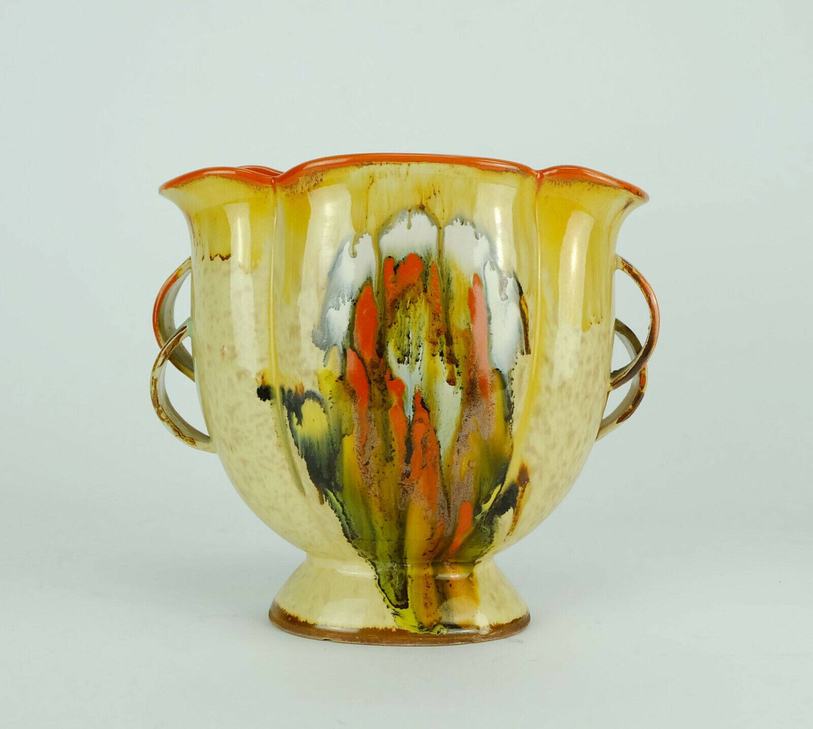 Art déco vase 1930s ceramic dumler breiden drip glaze double handle