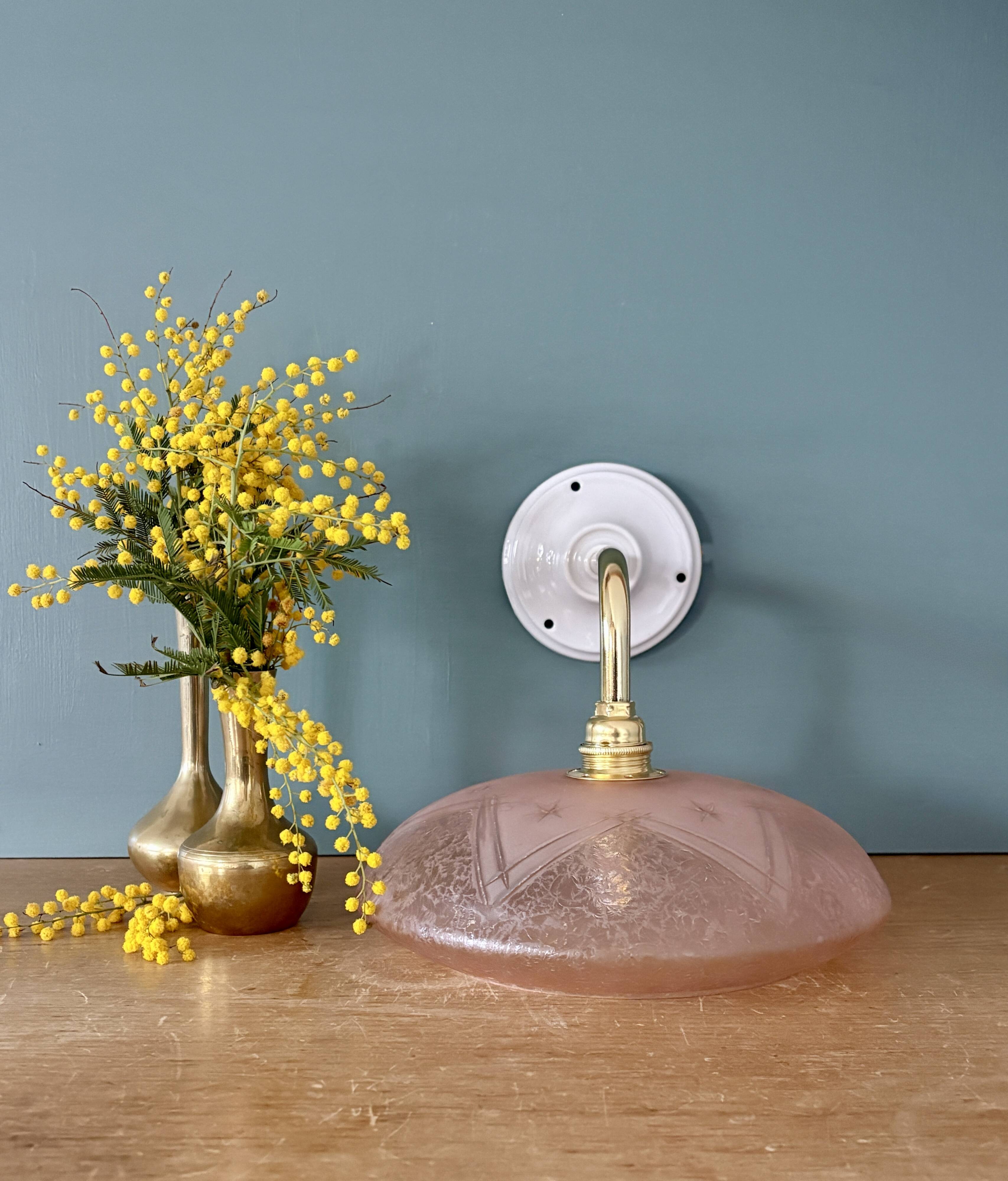 Vintage pink frosted glass wall lamp with elbow arm