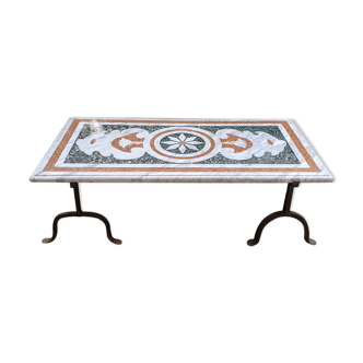 Marble marquetry coffee table and cast iron feet