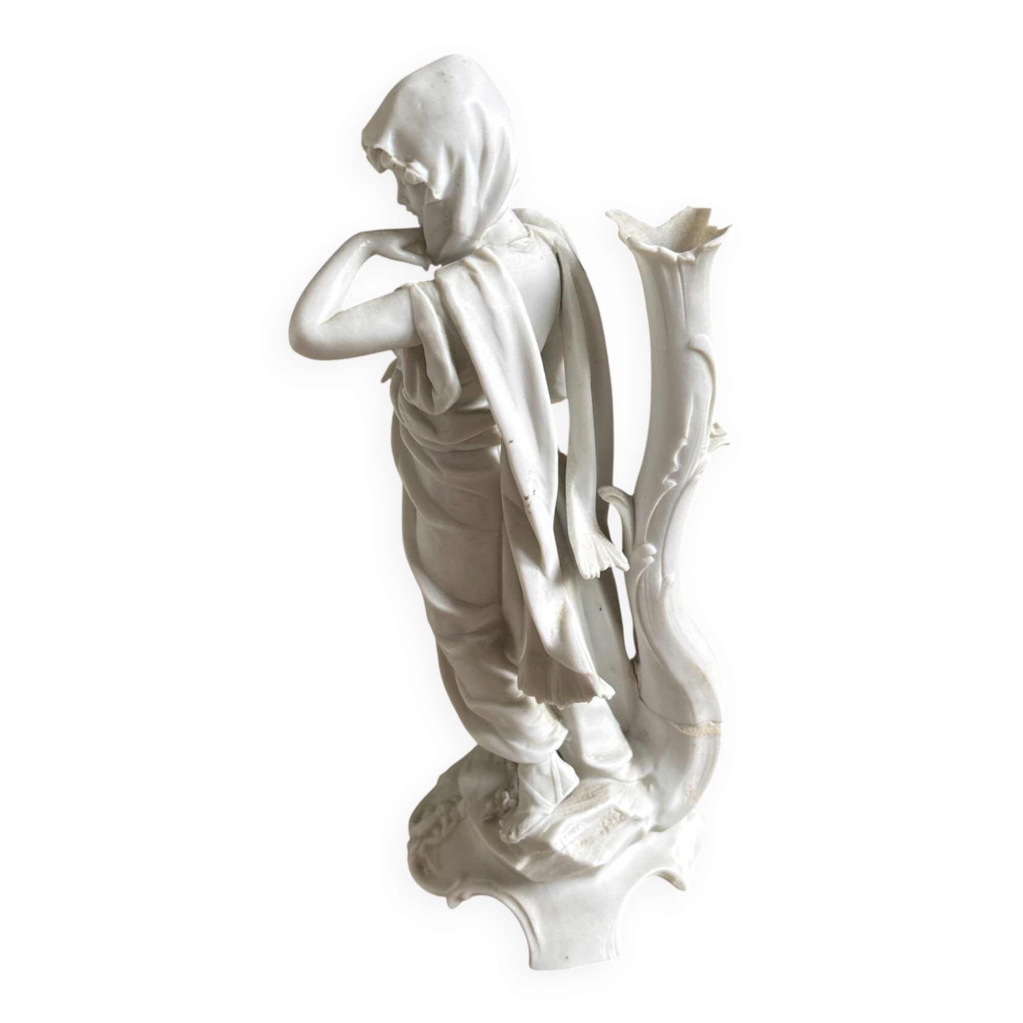 Biscuit Porcelain Flower Vase Statue Volkstedt Art Nouveau Lady, c. 1900