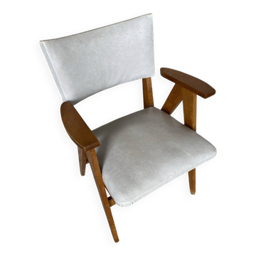 Vintage 1960s Scandinavian Bridge Armchair Wood + Grey Faux Leather