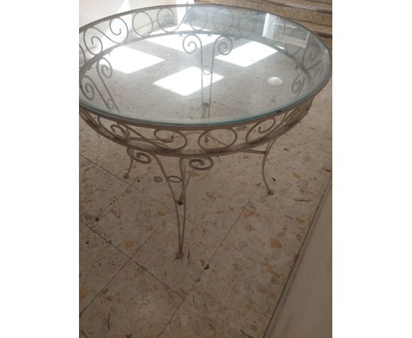 Vintage garden table, iron and glass top