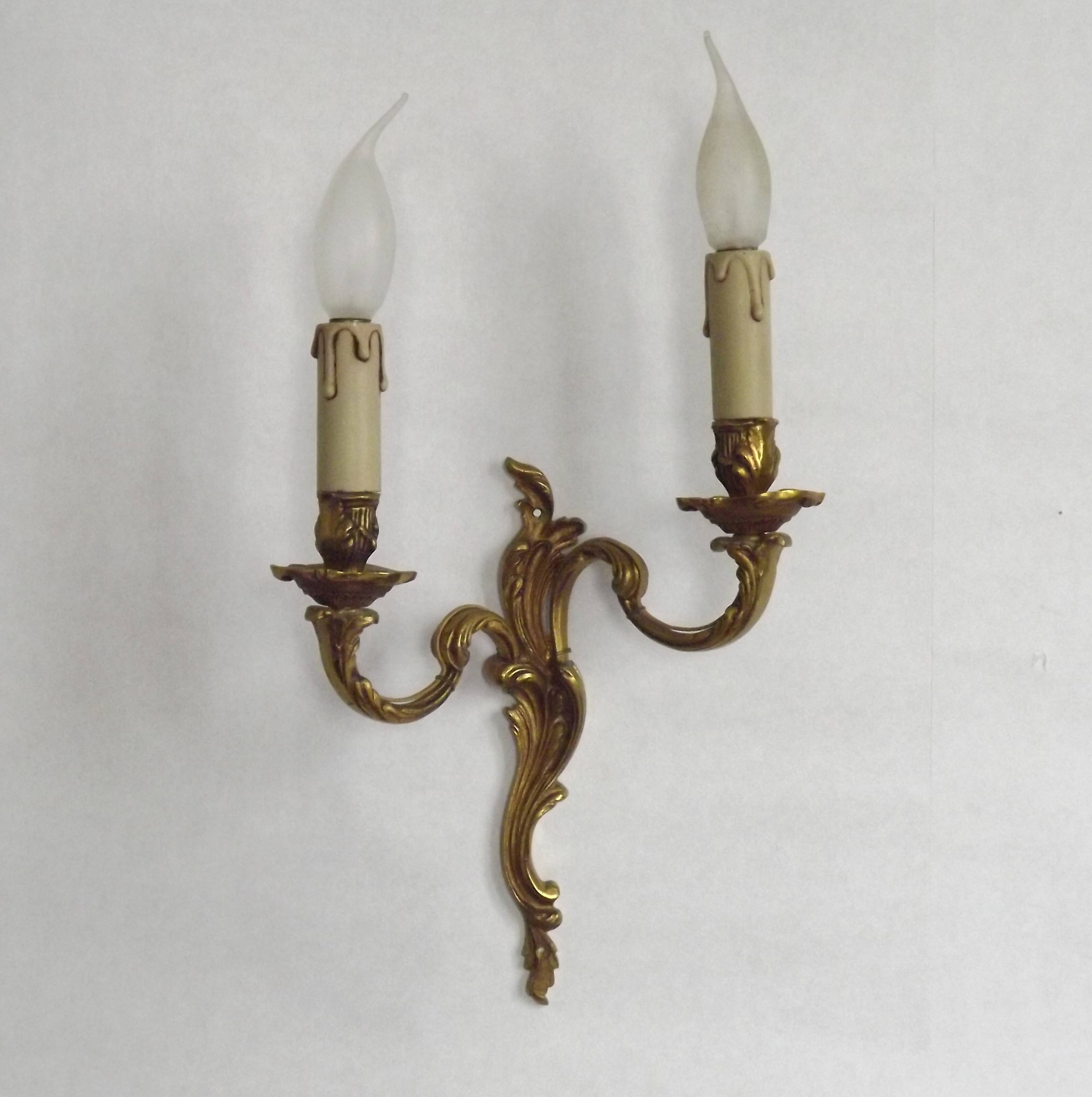 Elegant Vintage French Bronze Double Wall Sconces with Acanthus Leaf Detail