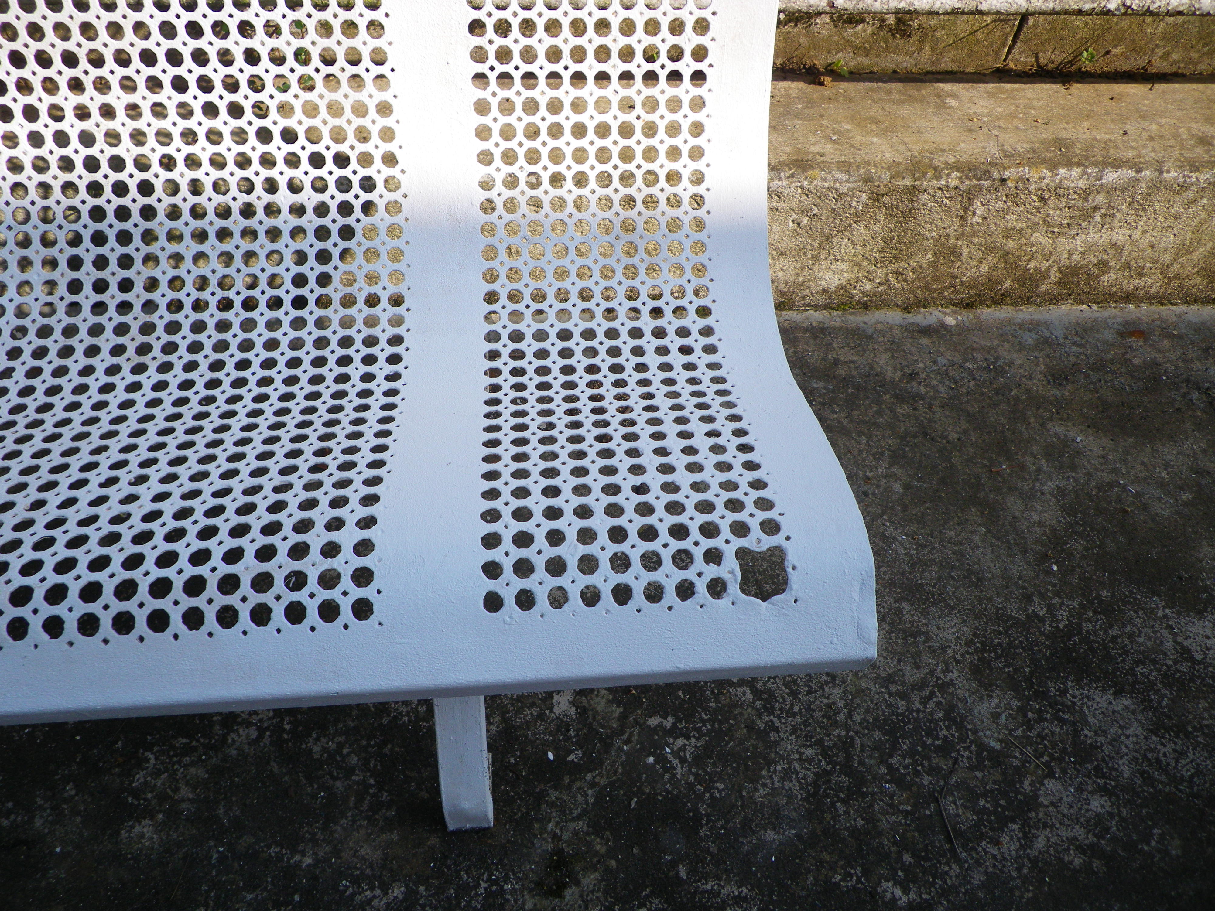 Old public wrought iron bench painted white - 50s