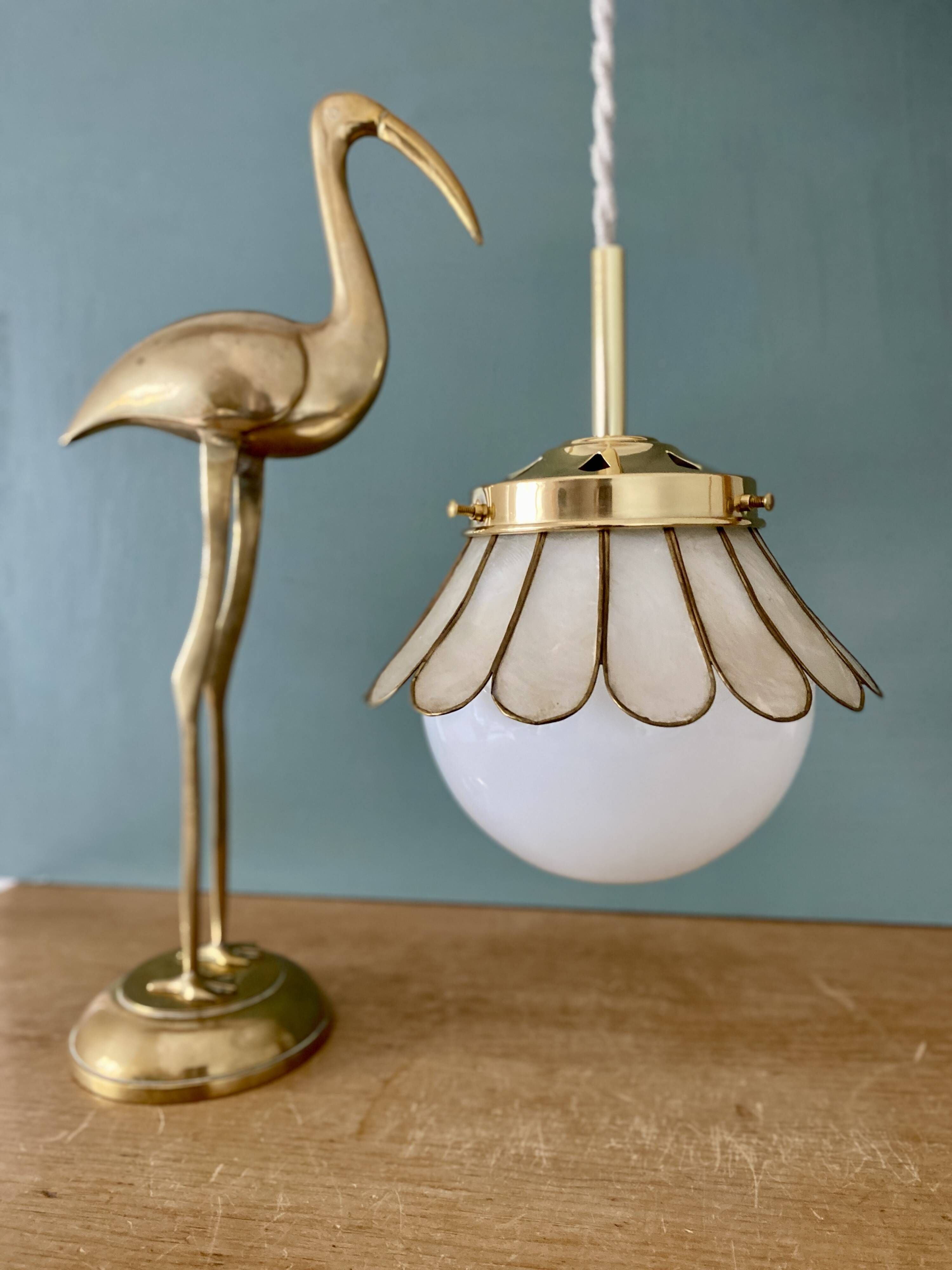 Globe pendant light and vintage lampshade in opaline and mother-of-pearl