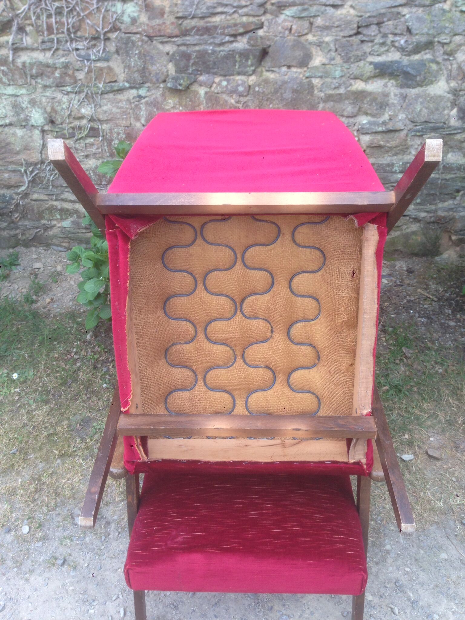 Pair of vintage armchairs with compass legs in beech and velvet.