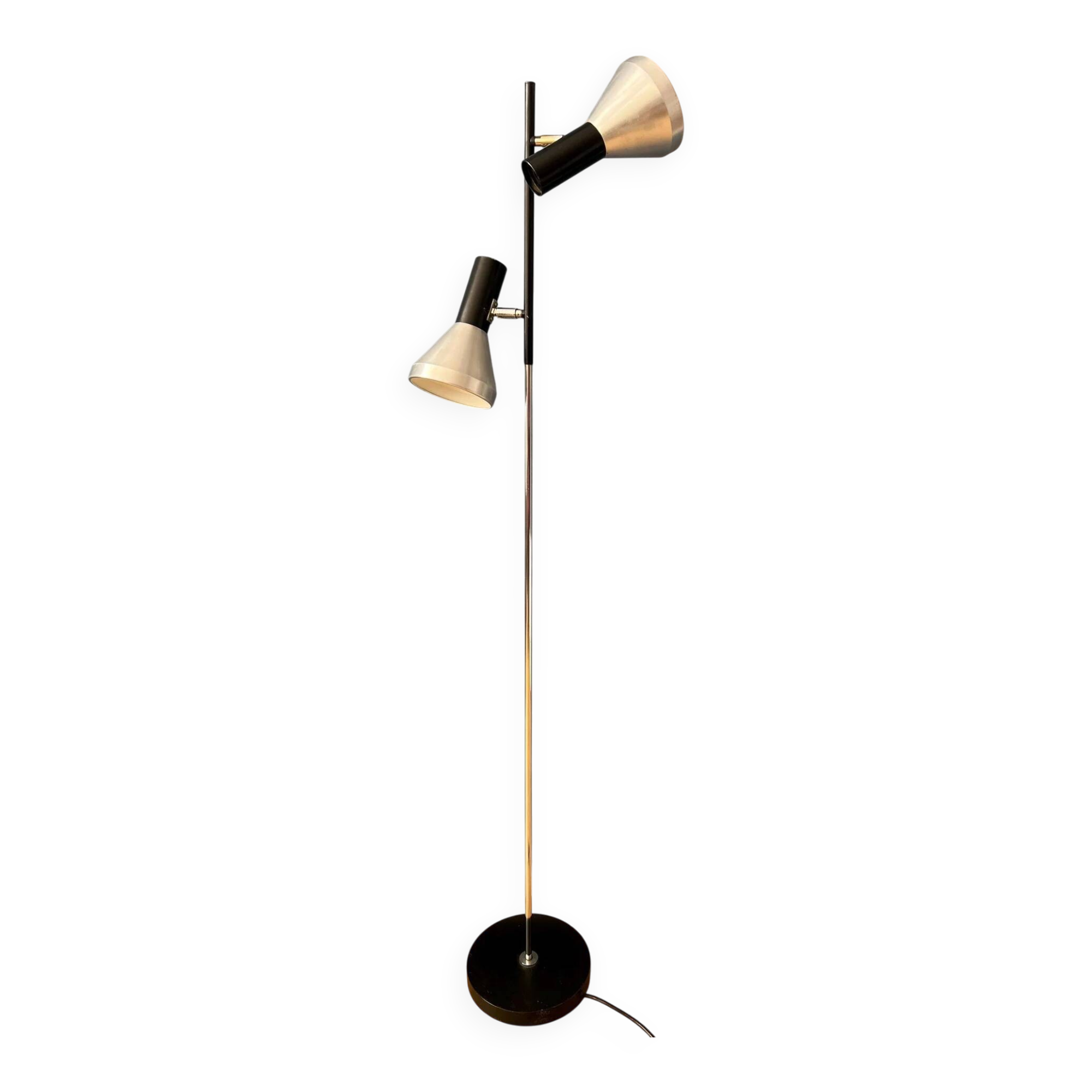 Vintage black mid-century floor lamp with two aluminum spots