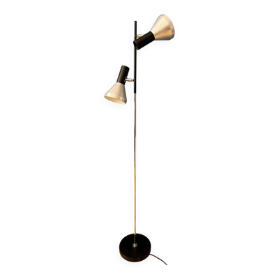 Lampadaire vintage noir du milieu du siècle avec deux spots en aluminium