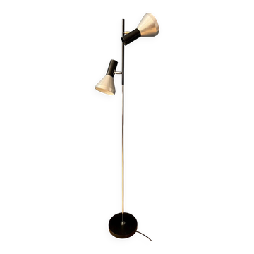 Vintage black mid-century floor lamp with two aluminum spots