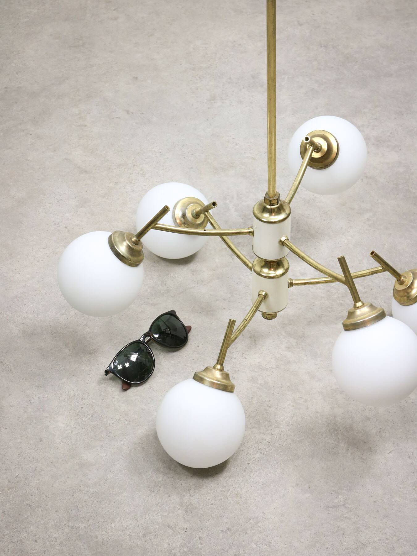 Mid-century Italian Brass and Opaline Chandelier, 50s