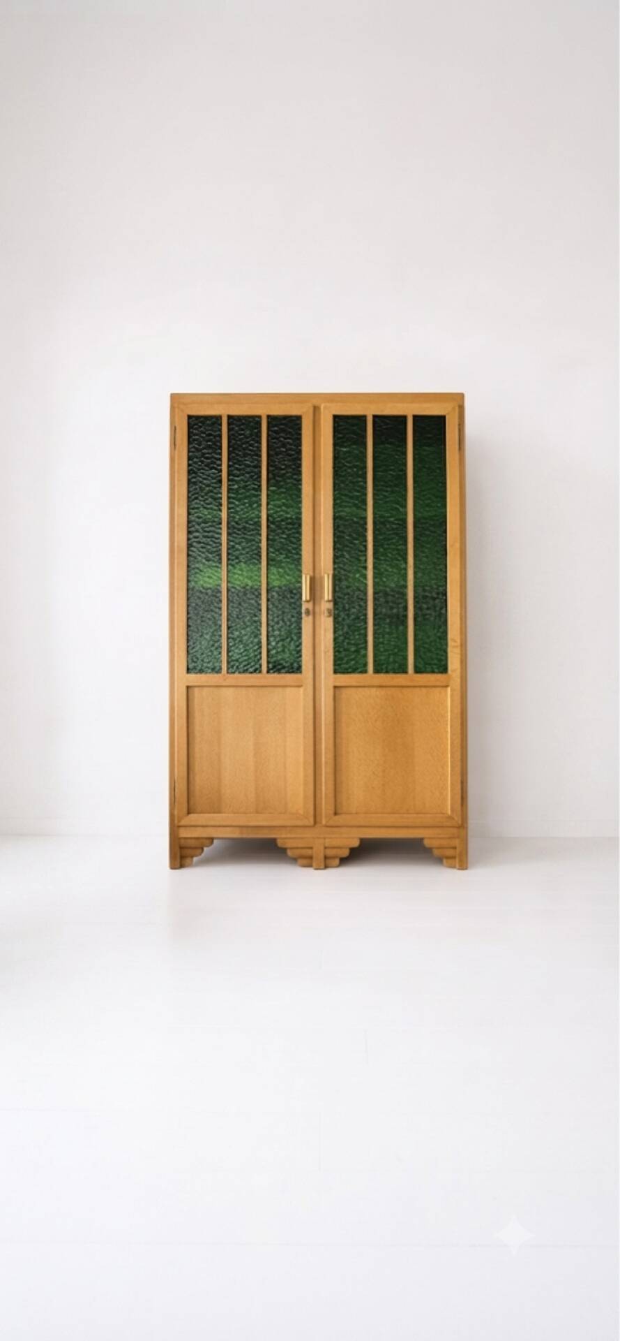 Art Deco wardrobe in oak and green cathedral glass - 1930s