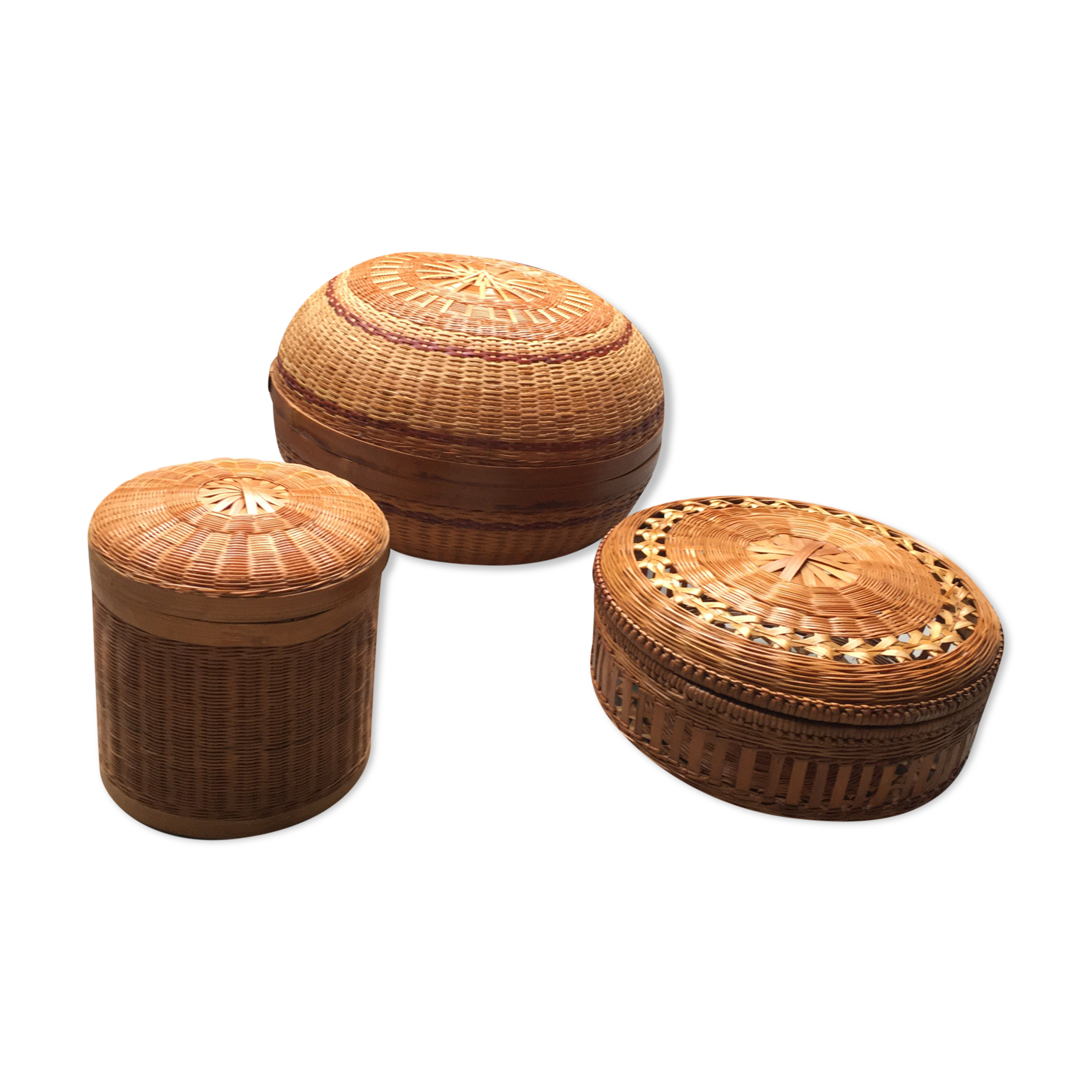 Lot of 3 bamboo lidbaskets