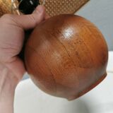 Very rare table lamp in turned teak wood with original braided shade. 1970s