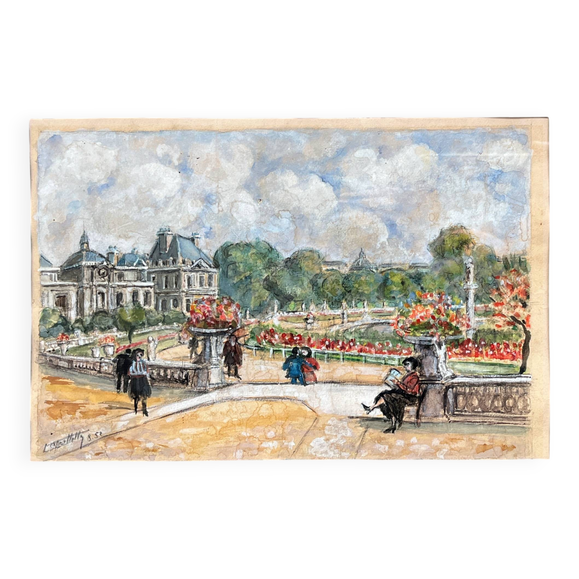 Watercolor painting "The animated Luxembourg garden" Paris in 1952 signed