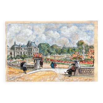 Watercolor painting "The animated Luxembourg garden" Paris in 1952 signed