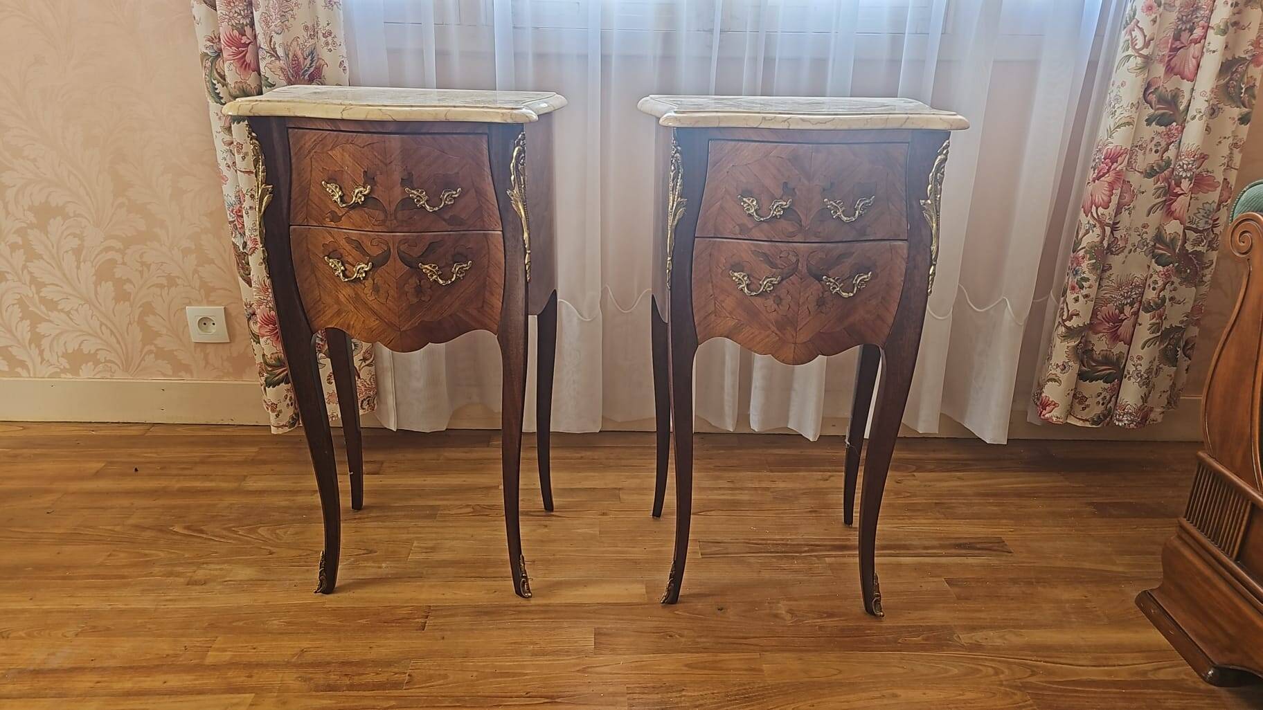 Pair of Louis XV style bedside tables with marquetry and marble top