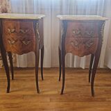 Pair of Louis XV style bedside tables with marquetry and marble top