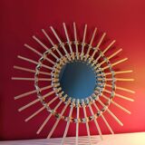 Vintage bohemian woven rattan sun mirror