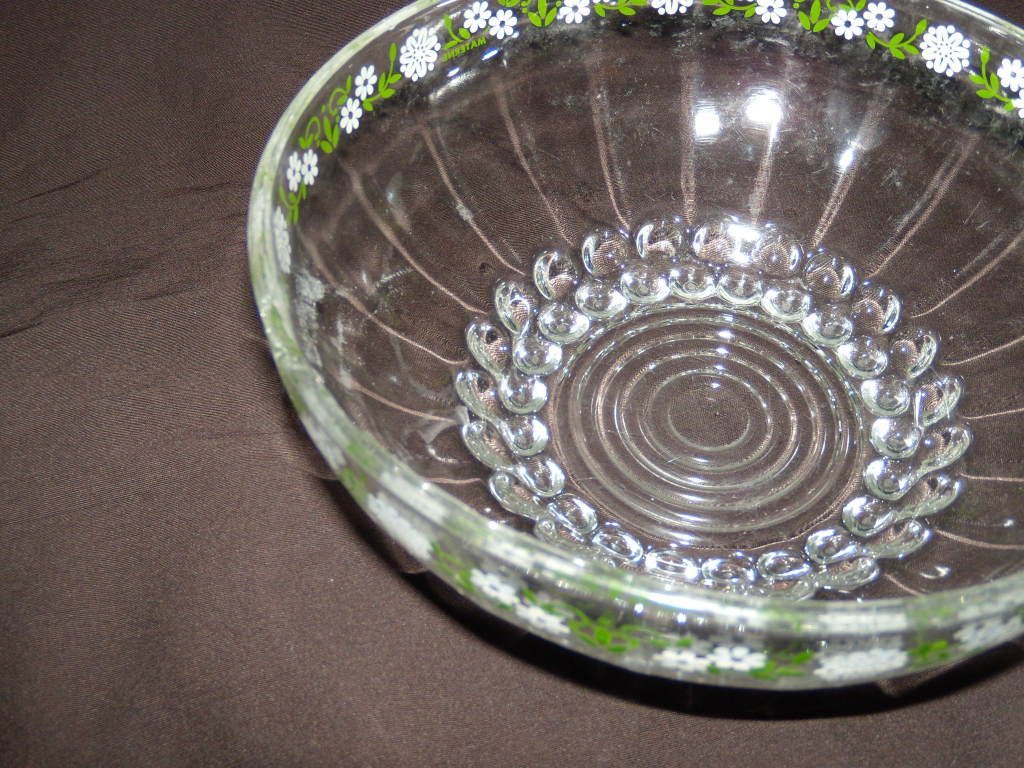 Set of 3 antique glass bowls/dishes decorated with small white flowers by Materne, rare.